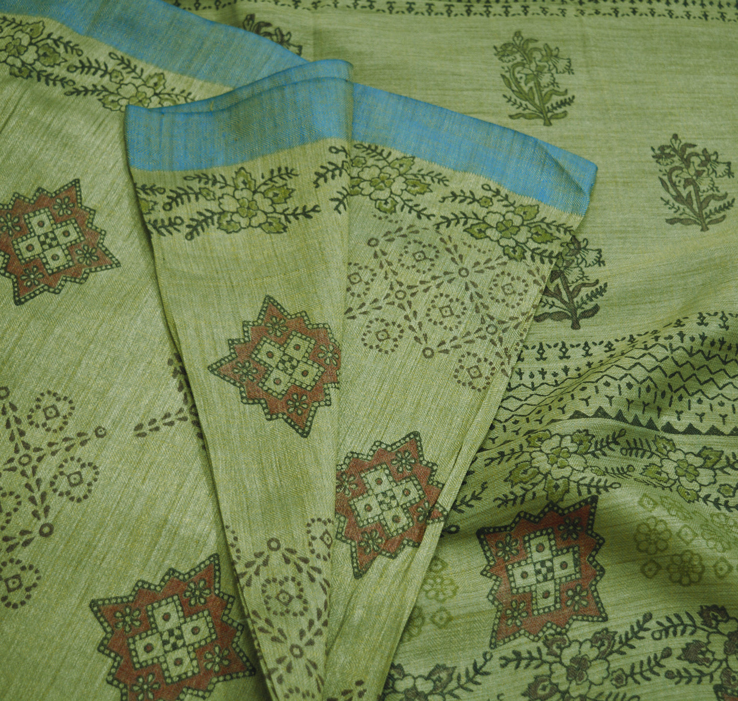 Vintage Blue & Beige Heavy Saree Pure Woolen Woven Printed Indian Sari Soft Warm Fabric 5Yard Zigzag Woven Border Fringes