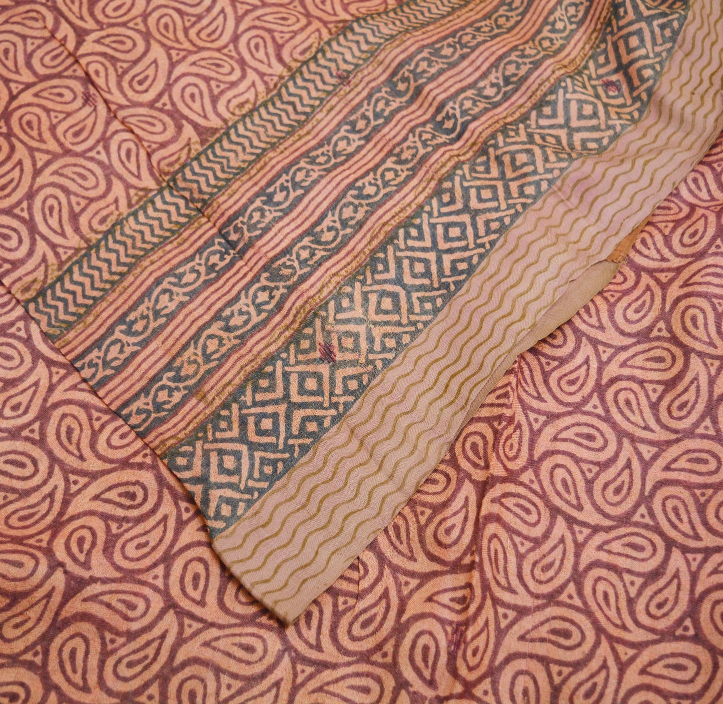 Vintage Peach & Purple Heavy Saree Pure Woolen Woven Printed Indian Sari Soft Warm Fabric 5Yard Floral Woven Border