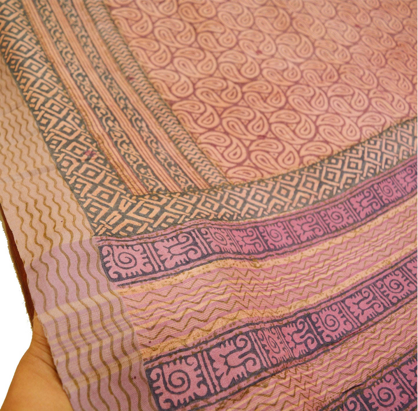 Vintage Peach & Purple Heavy Saree Pure Woolen Woven Printed Indian Sari Soft Warm Fabric 5Yard Floral Woven Border