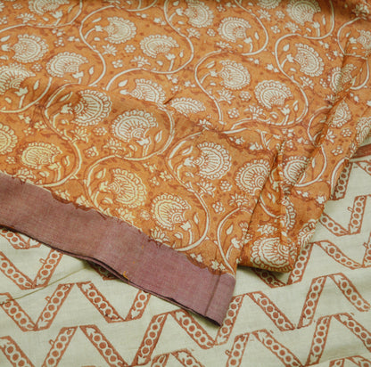 Vintage Beige Heavy Saree Pure Woolen Woven Printed Indian Sari Soft Warm Fabric 5Yard Zigzag Woven Border Fringes