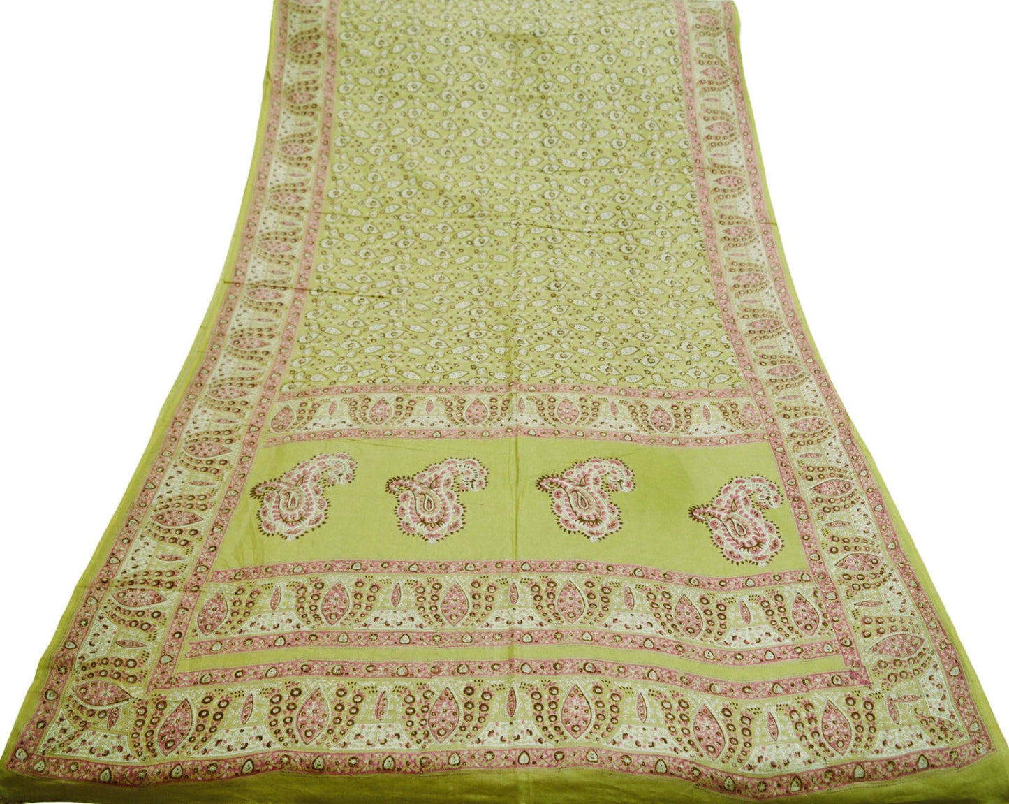 Indian Vintage Sari Beige  Block Printed Pure Cotton Saree Craft Soft Fabric 5Yard Sewing Sarong Wrap Boho Floral