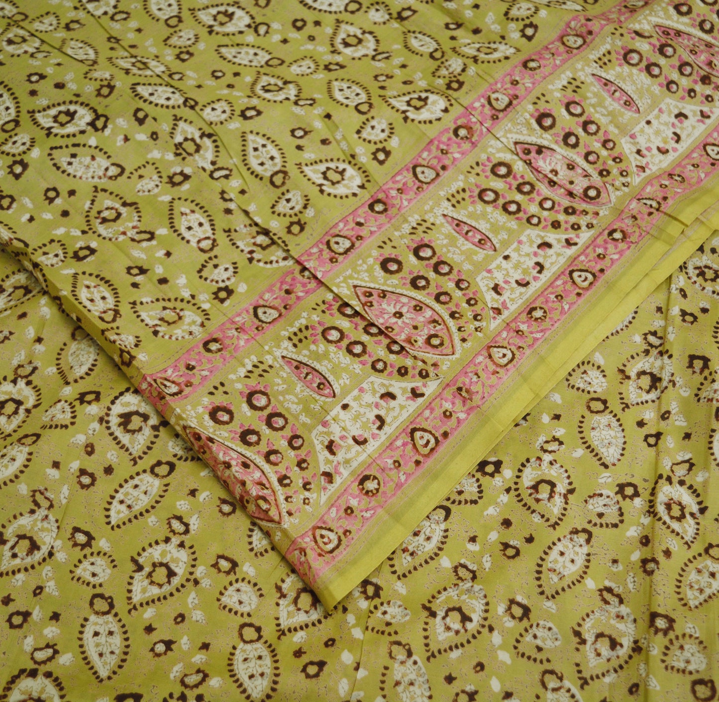 Indian Vintage Sari Beige  Block Printed Pure Cotton Saree Craft Soft Fabric 5Yard Sewing Sarong Wrap Boho Floral