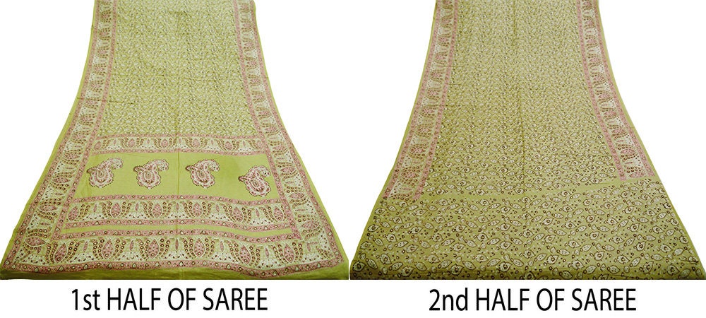 Indian Vintage Sari Beige  Block Printed Pure Cotton Saree Craft Soft Fabric 5Yard Sewing Sarong Wrap Boho Floral