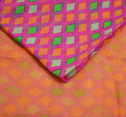 Women Vintage Sari Orange & Pink Pure Chiffon Silk Printed Saree Craft Fabric Sewing 6Yard Soft Light Sari Dress Making