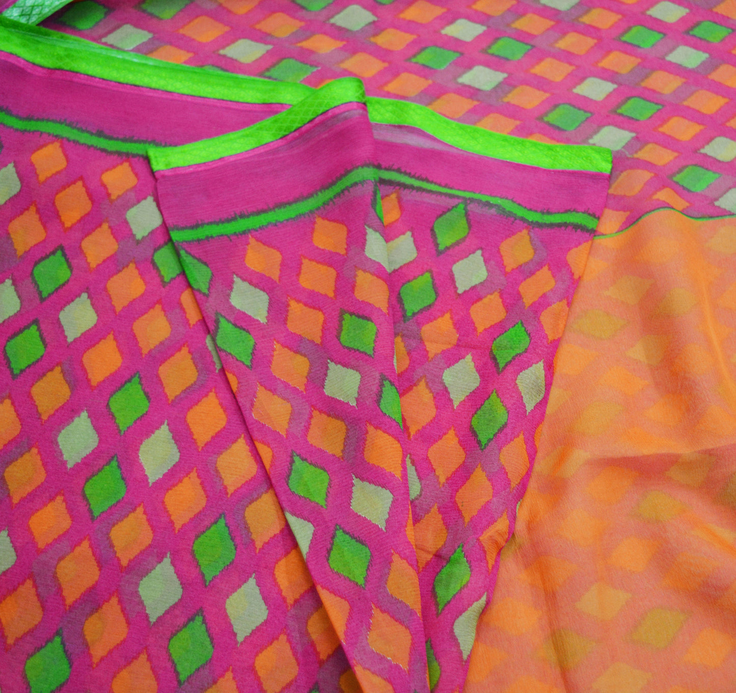 Women Vintage Sari Orange & Pink Pure Chiffon Silk Printed Saree Craft Fabric Sewing 6Yard Soft Light Sari Dress Making