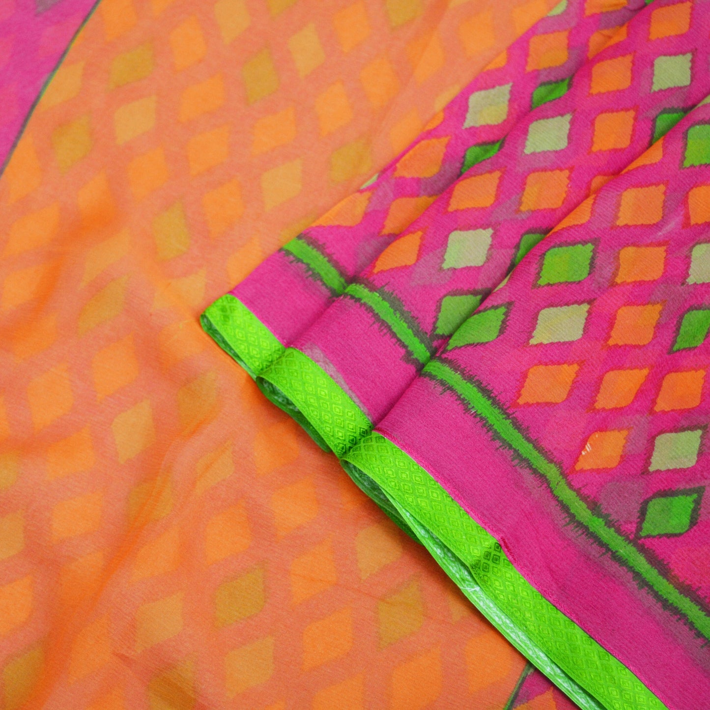 Women Vintage Sari Orange & Pink Pure Chiffon Silk Printed Saree Craft Fabric Sewing 6Yard Soft Light Sari Dress Making