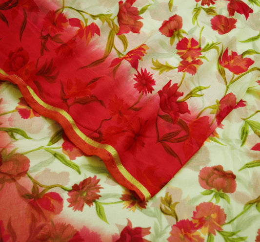 Vintage Sari Yellow & Red Blend Chiffon Printed Saree Sewing 5yd Craft Soft Dress Designing for Crafting Floral Dress Making