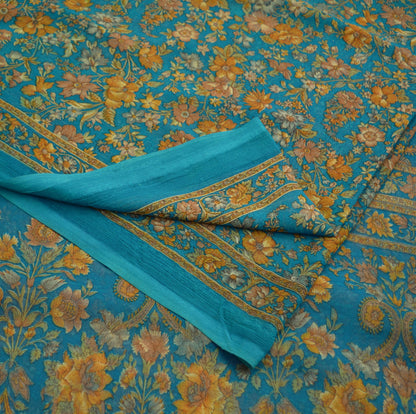 Indian Women Vintage Sari Blue Chiffon Printed Saree Sewing 6yard Soft Craft Floral Design Wrap Boho
