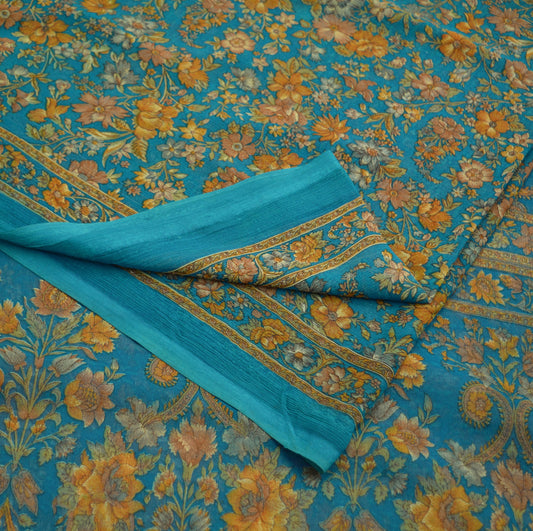Indian Women Vintage Sari Blue Chiffon Printed Saree Sewing 6yard Soft Craft Floral Design Wrap Boho