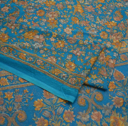 Indian Women Vintage Sari Blue Chiffon Printed Saree Sewing 6yard Soft Craft Floral Design Wrap Boho