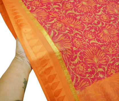 Women Vintage Sari Orange & Pink Pure Chiffon Silk Printed Saree Craft Fabric Sewing 6Yard Soft Light Sari Dress Making Zari
