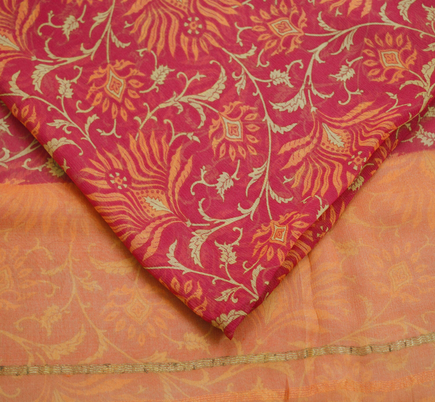Women Vintage Sari Orange & Pink Pure Chiffon Silk Printed Saree Craft Fabric Sewing 6Yard Soft Light Sari Dress Making Zari