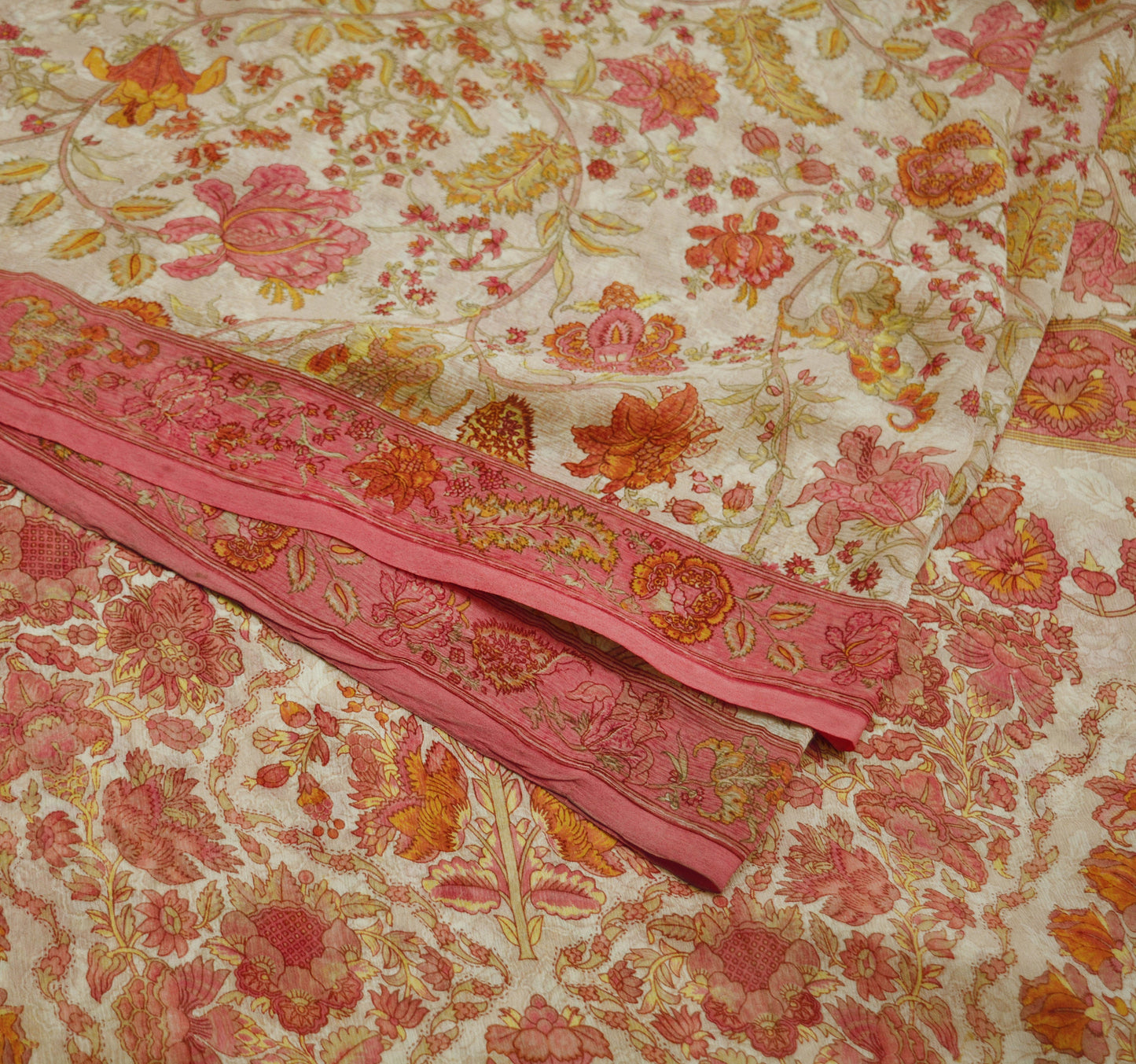 Women Vintage Sari Pink & Beige Pure Chiffon Silk Printed Saree Craft Fabric Sewing 5Yard Soft Light Sari Dress Making
