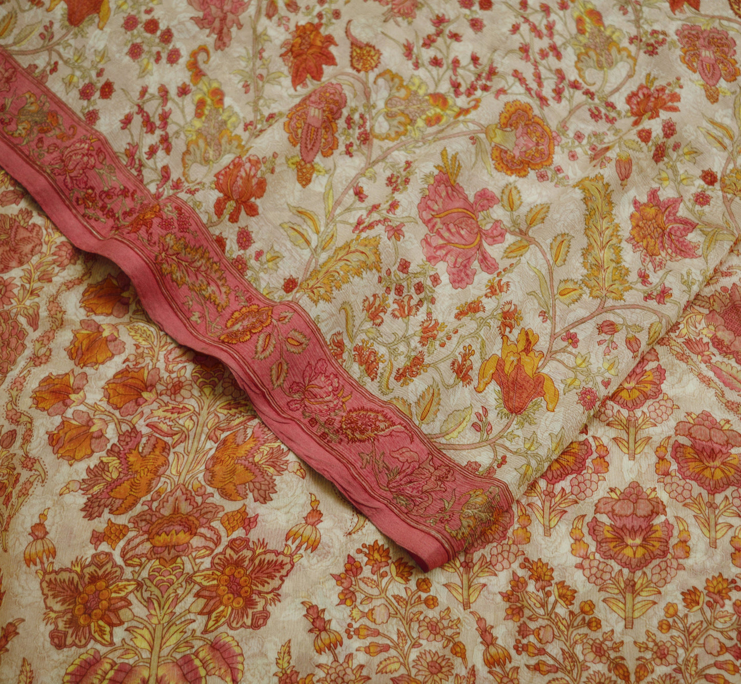 Women Vintage Sari Pink & Beige Pure Chiffon Silk Printed Saree Craft Fabric Sewing 5Yard Soft Light Sari Dress Making
