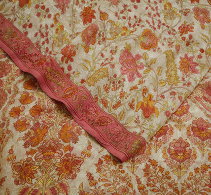 Women Vintage Sari Pink & Beige Pure Chiffon Silk Printed Saree Craft Fabric Sewing 5Yard Soft Light Sari Dress Making