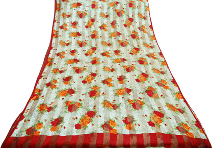 Women Vintage Sari Beige & red Pure Chiffon Silk Block Printed Saree Craft Fabric Sewing 5Yard Soft Light Sari Dress Making