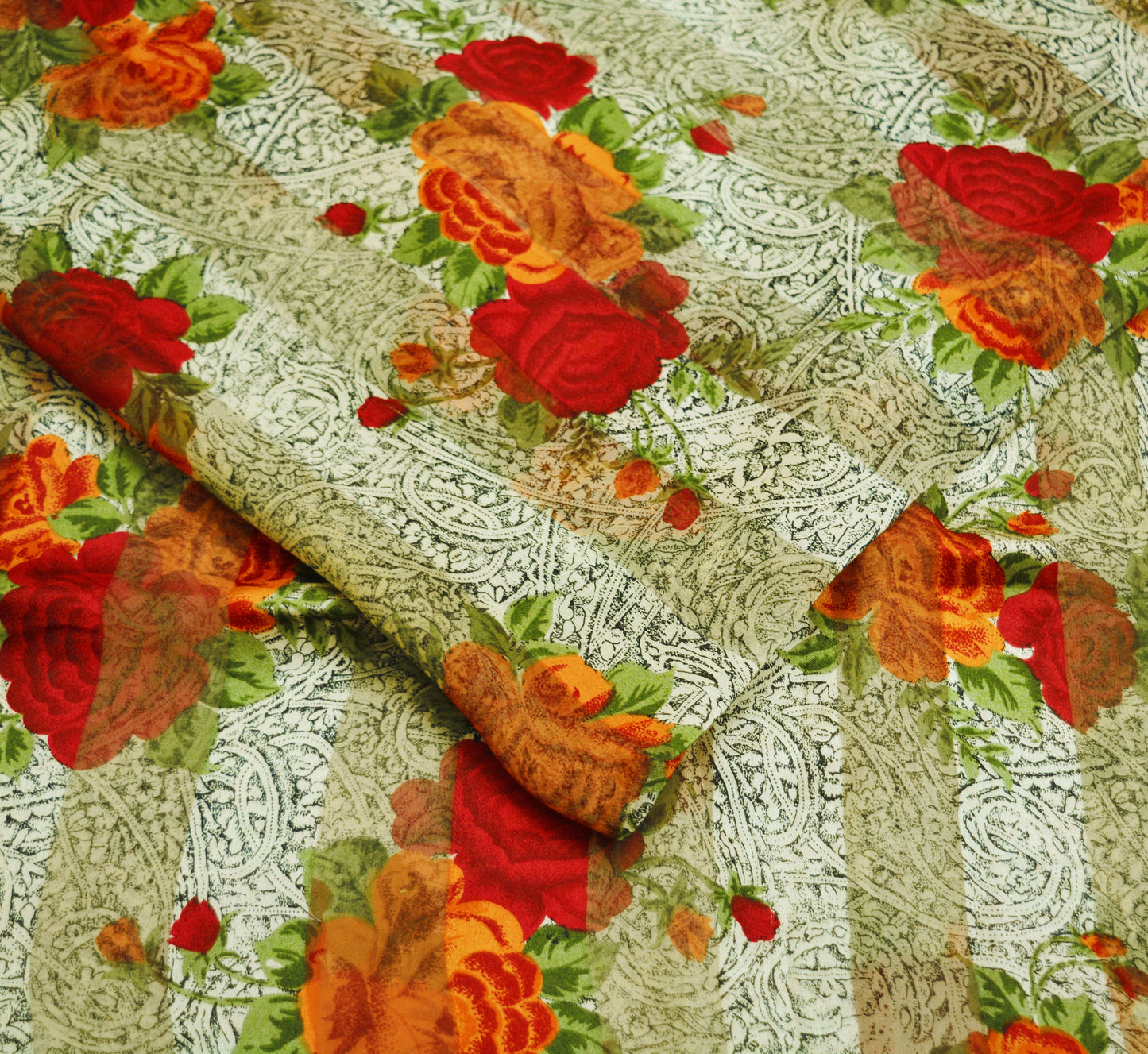 Women Vintage Sari Beige & red Pure Chiffon Silk Block Printed Saree Craft Fabric Sewing 5Yard Soft Light Sari Dress Making