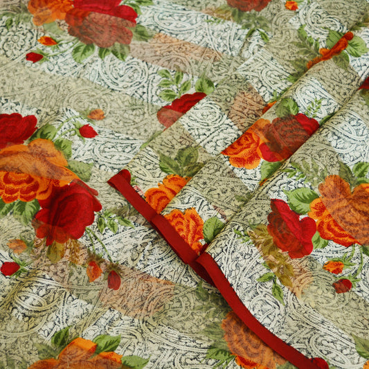 Women Vintage Sari Beige & red Pure Chiffon Silk Block Printed Saree Craft Fabric Sewing 5Yard Soft Light Sari Dress Making