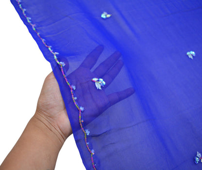 Indian Vintage Blue Dupatta Pure Georgette silk Long Stole Hand Embroidered Scarves Stole Veil Wrap Sequins