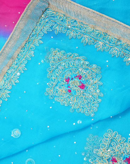 Vintage Blue & Pink Dupatta Long Stole Pure Georgette Silk Hand Embroidered Indian Scarves Veil Hijab Floral Zari