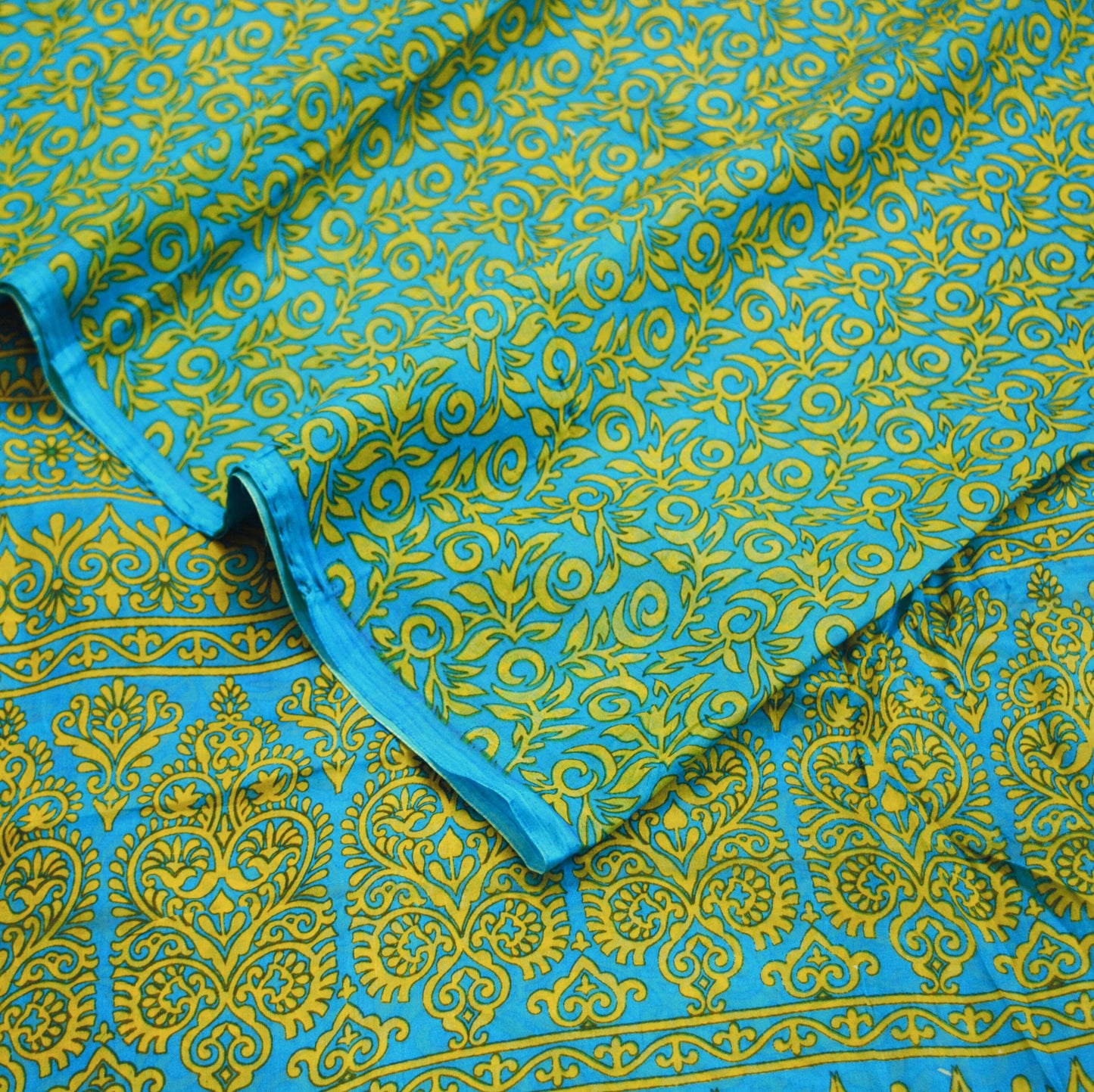 Indian Vintage Sari Blue Pure Silk Printed Saree Fabric 5yard Sewing Craft Fabric DressMaking Wrap Floral