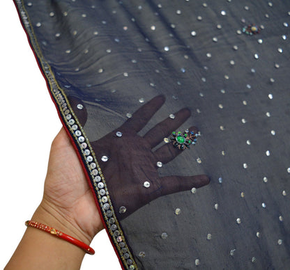 Indian Vintage Deep Blue Dupatta Pure Georgette silk Long Stole Hand Embroidered Scarves Stole Veil Wrap Sequins