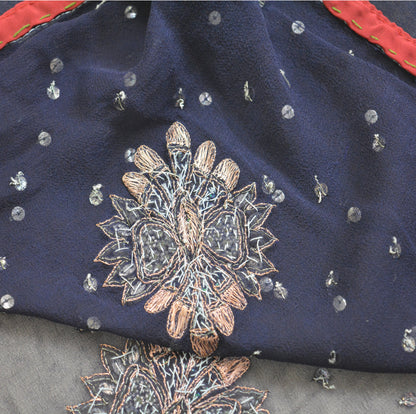 Indian Vintage Deep Blue Dupatta Pure Georgette silk Long Stole Hand Embroidered Scarves Stole Veil Wrap Sequins