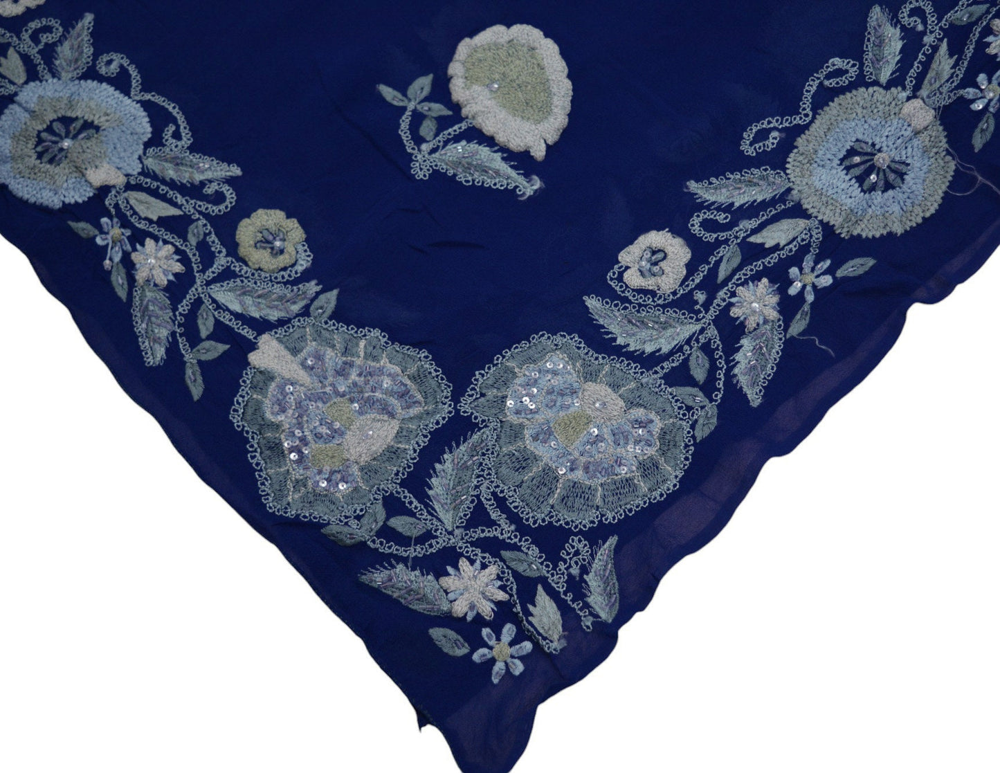 Indian Vintage Blue Dupatta Pure Georgette silk Long Stole Hand Embroidered Scarves Stole Veil Wrap Sequins