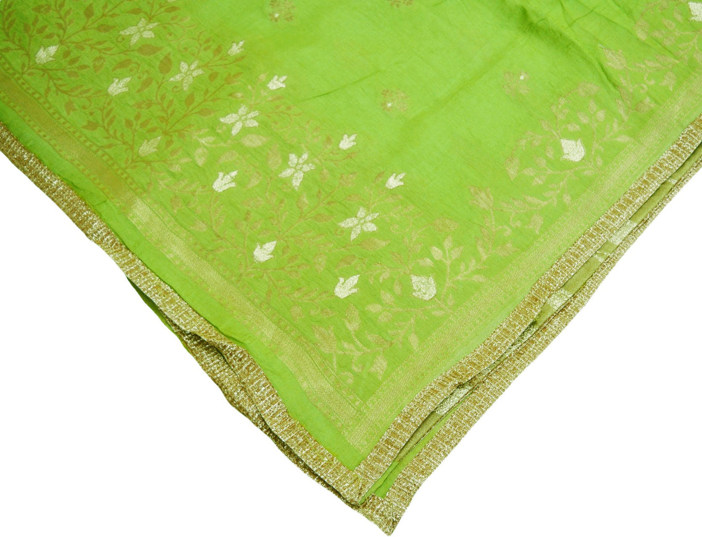 Indian Vintage Green Dupatta Long Stole Blend silk Woven Brocade Indian Scarves Veil Scarf Wrap Hippie Boho Soft Floral