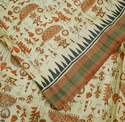 Indian Vintage Ivory Saree Pure Khadi Silk Handloom Warli Printed Indian Sari Fabric 6yard Ethnic Wear Sari Humans