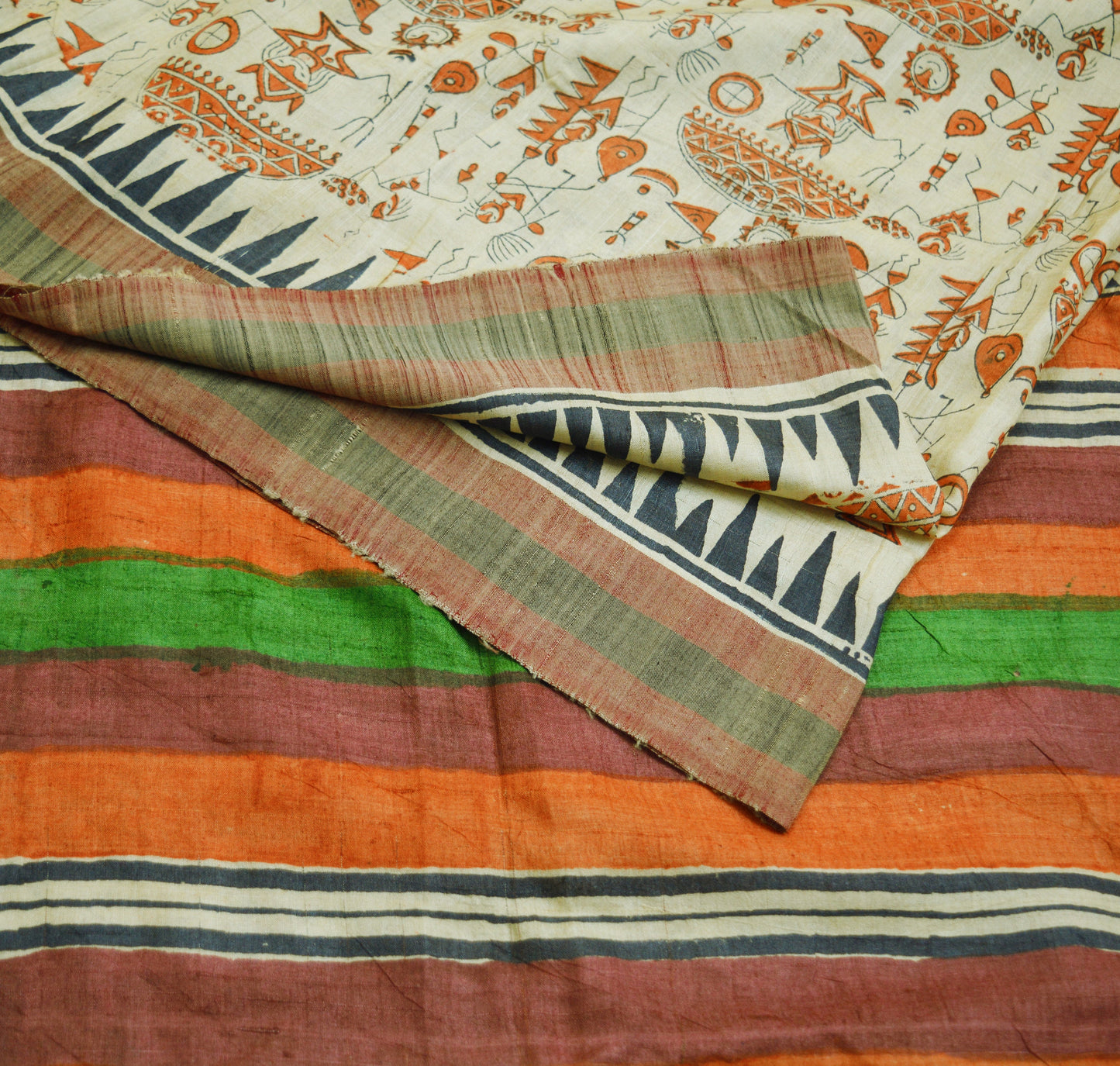 Indian Vintage Ivory Saree Pure Khadi Silk Handloom Warli Printed Indian Sari Fabric 6yard Ethnic Wear Sari Humans