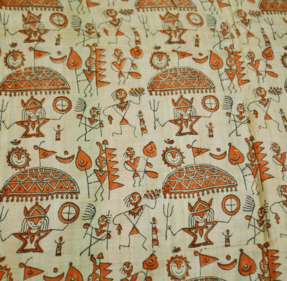 Indian Vintage Ivory Saree Pure Khadi Silk Handloom Warli Printed Indian Sari Fabric 6yard Ethnic Wear Sari Humans