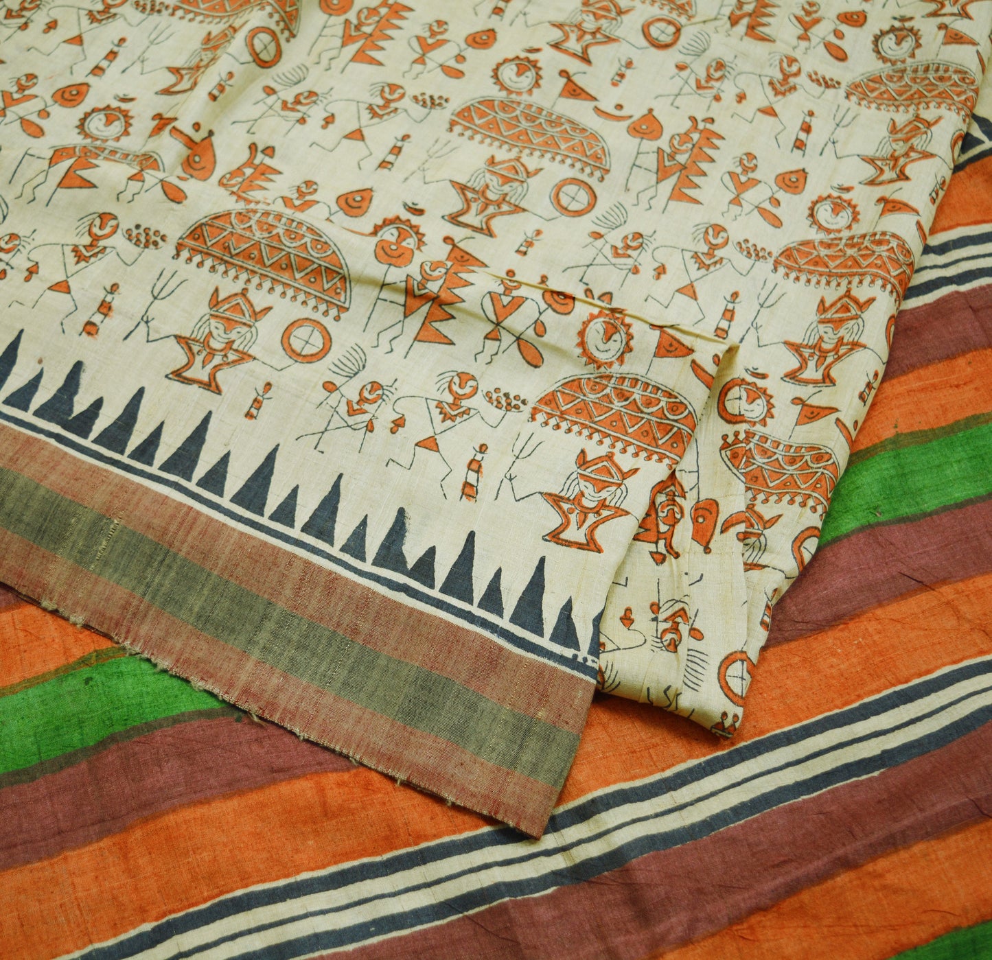 Indian Vintage Ivory Saree Pure Khadi Silk Handloom Warli Printed Indian Sari Fabric 6yard Ethnic Wear Sari Humans