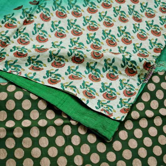 Indian Vintage Green Saree Pure Khadi Silk Handloom Hand Kantha Indian Sari Fabric 5yard Ethnic