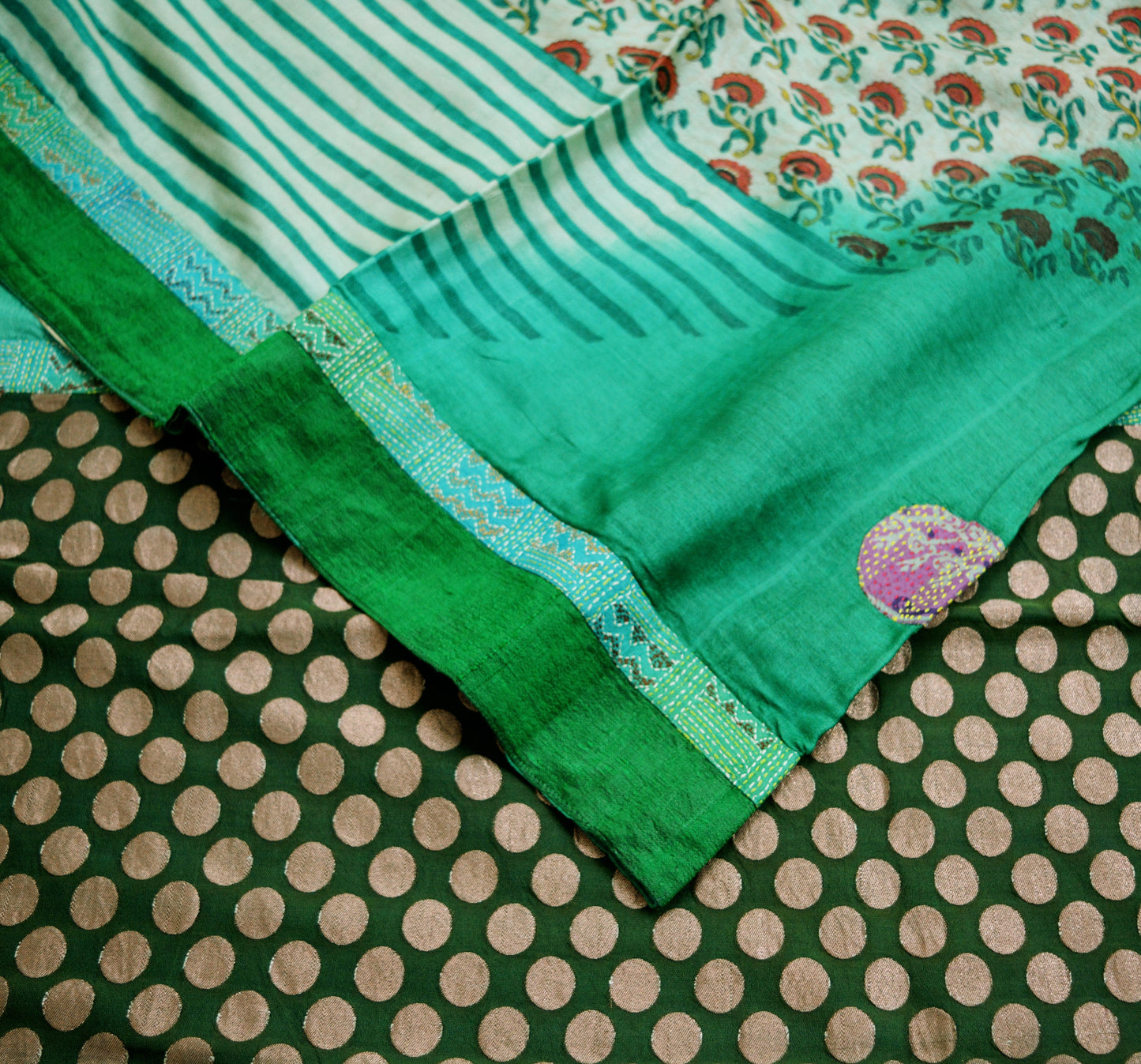 Indian Vintage Green Saree Pure Khadi Silk Handloom Hand Kantha Indian Sari Fabric 5yard Ethnic