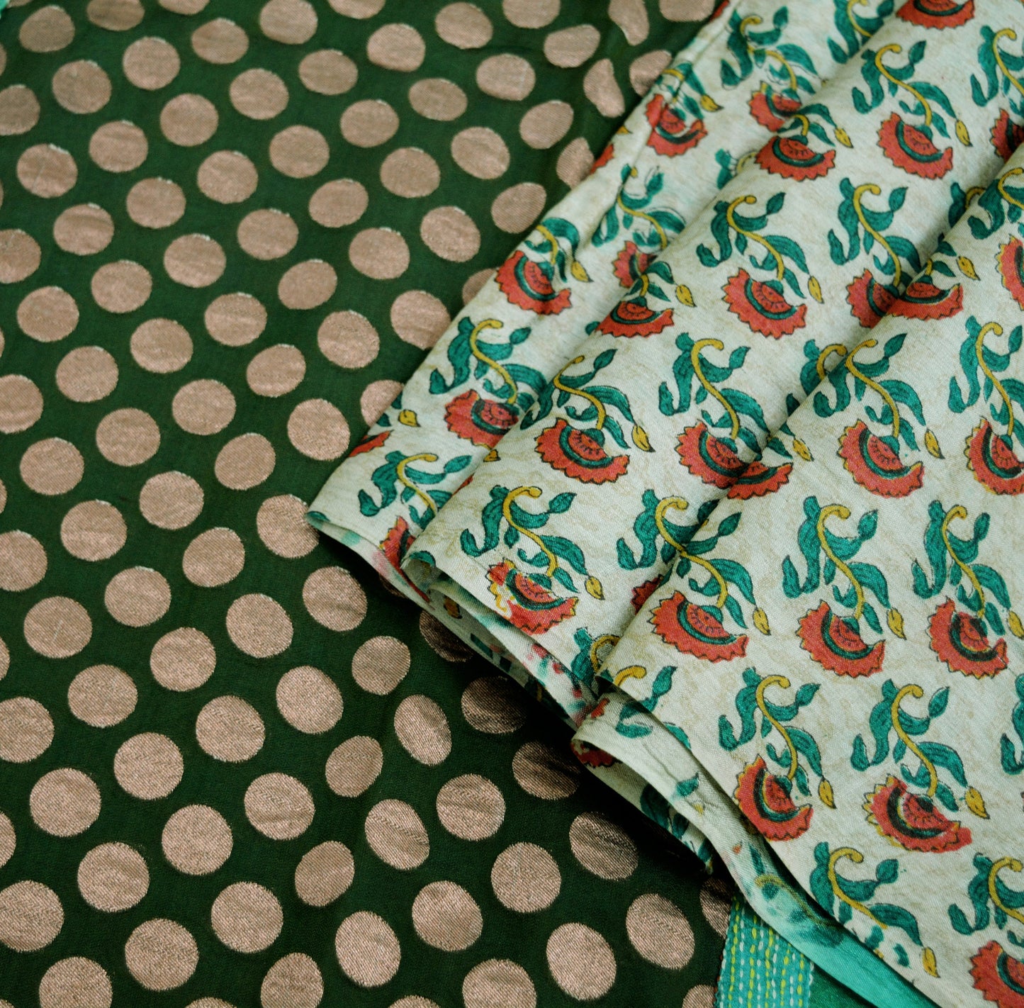 Indian Vintage Green Saree Pure Khadi Silk Handloom Hand Kantha Indian Sari Fabric 5yard Ethnic