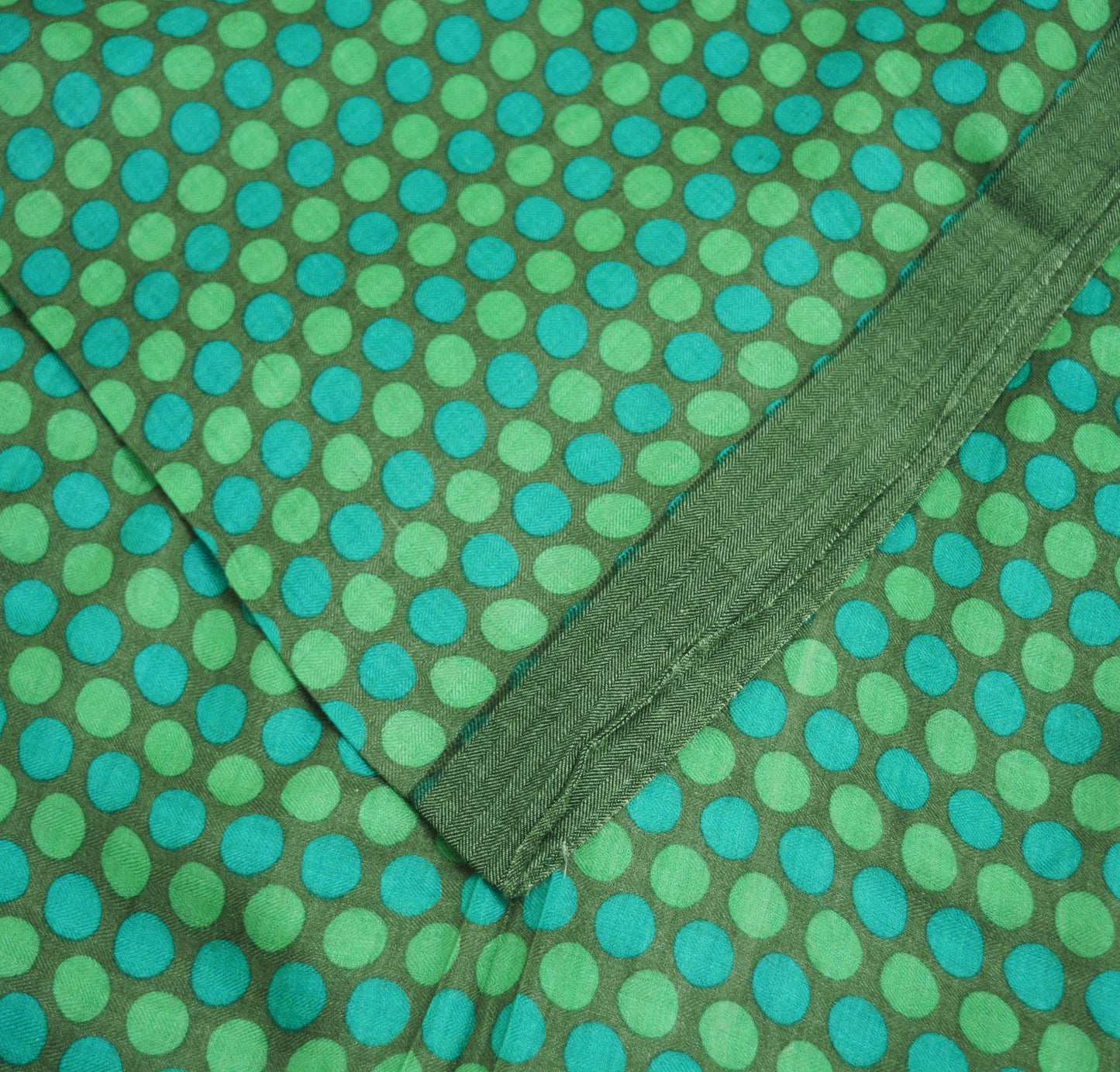 Vintage Green & Brown Heavy Saree Pure Woolen Woven Printed Indian Sari Soft Warm Fabric 5Yard Polka Dot Woven Border