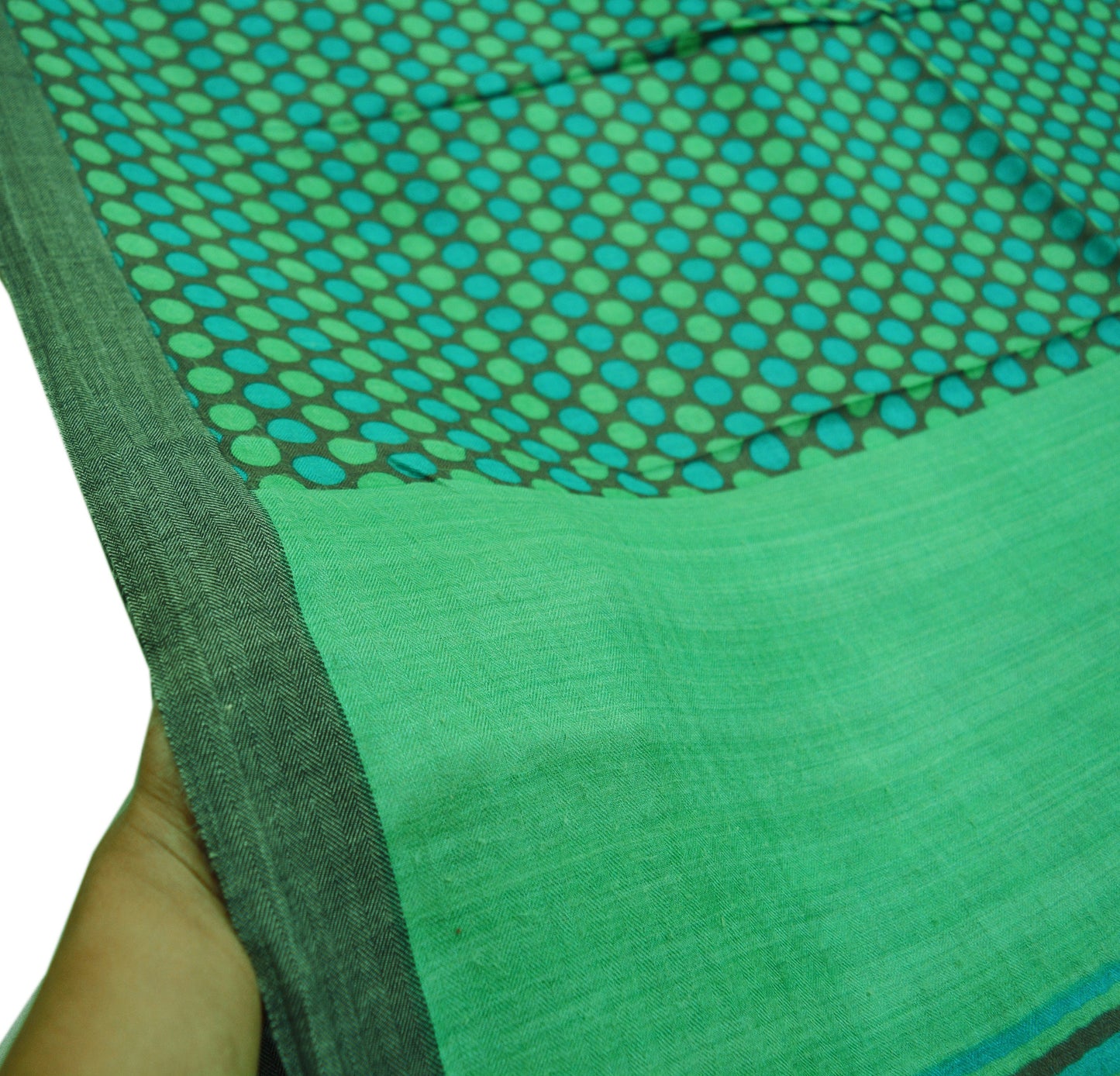 Vintage Green & Brown Heavy Saree Pure Woolen Woven Printed Indian Sari Soft Warm Fabric 5Yard Polka Dot Woven Border