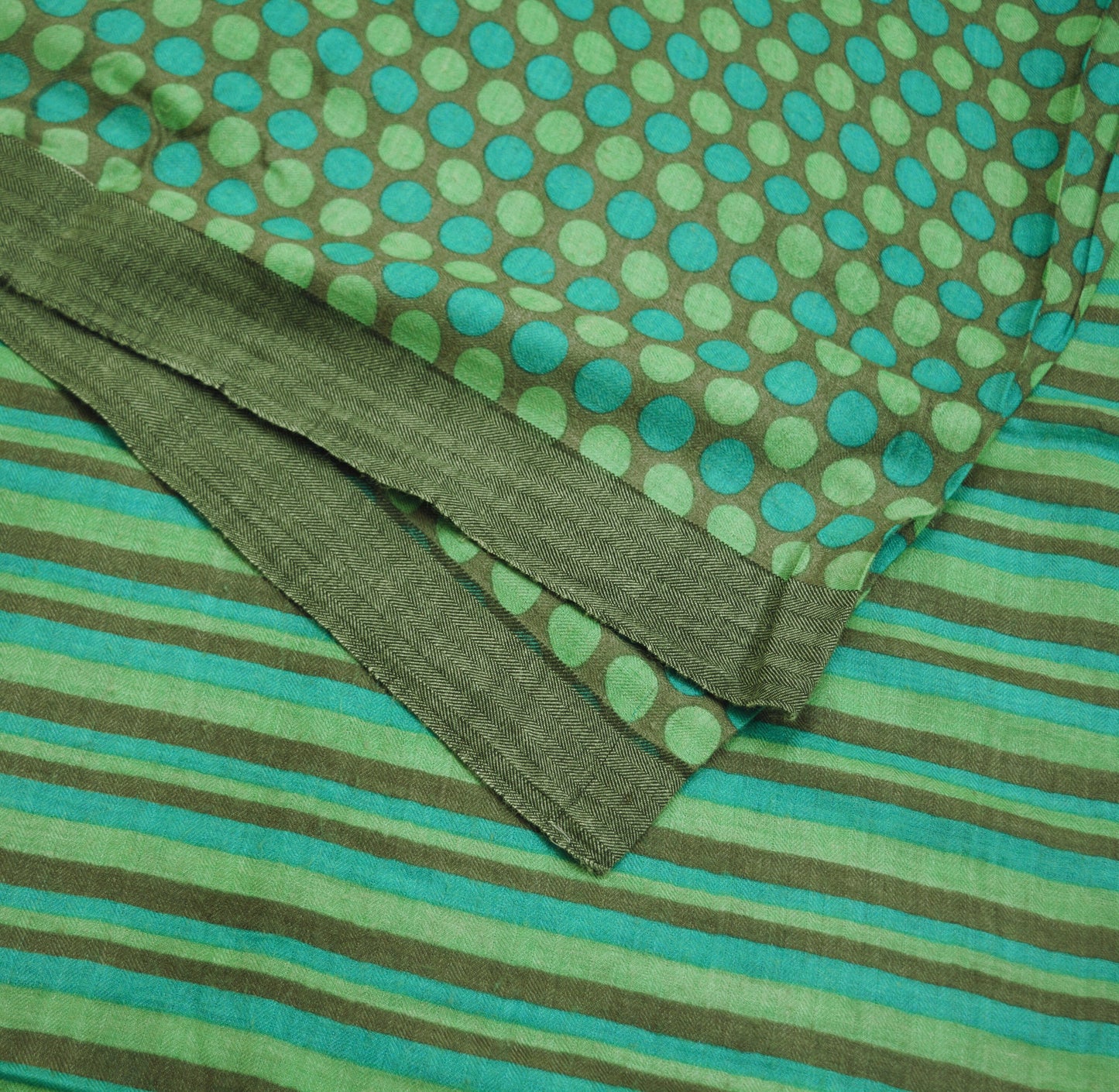 Vintage Green & Brown Heavy Saree Pure Woolen Woven Printed Indian Sari Soft Warm Fabric 5Yard Polka Dot Woven Border