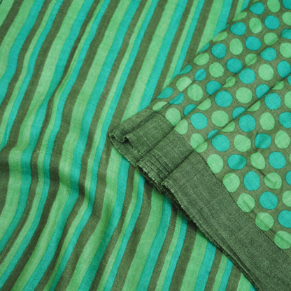 Vintage Green & Brown Heavy Saree Pure Woolen Woven Printed Indian Sari Soft Warm Fabric 5Yard Polka Dot Woven Border