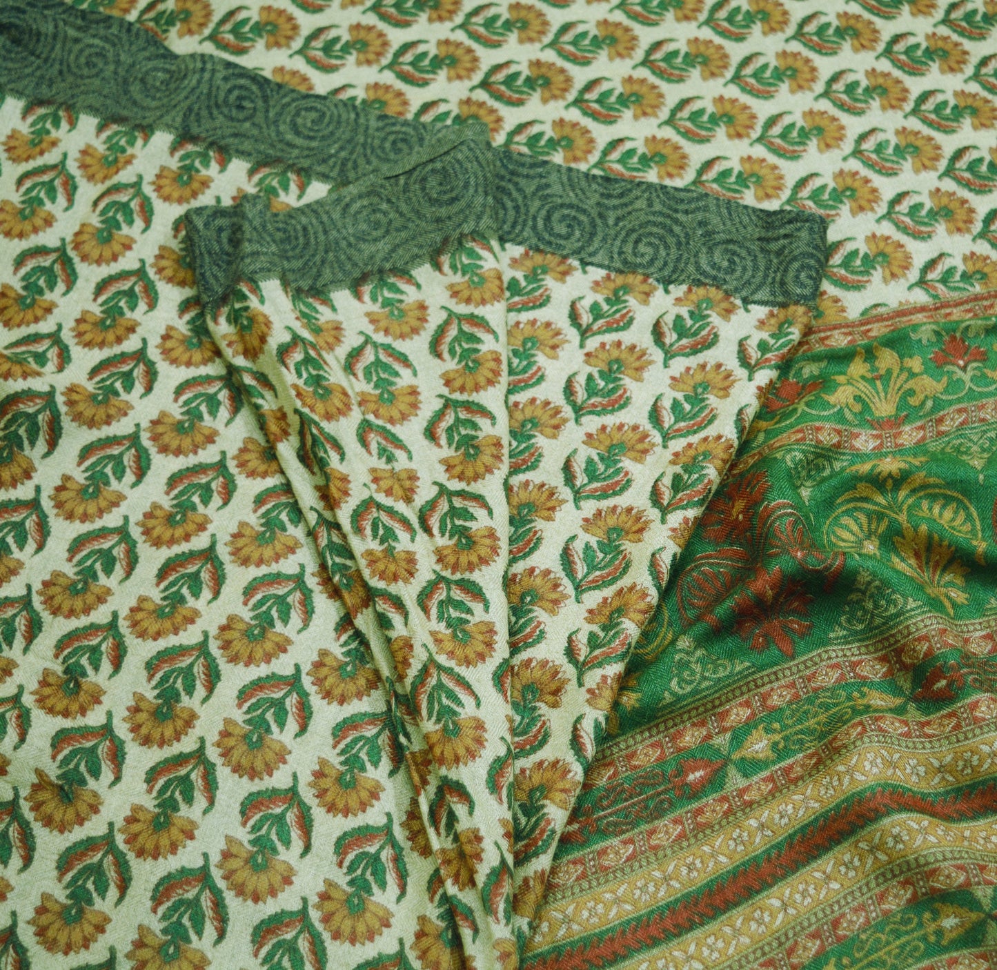 Vintage Green Heavy Saree Pure Woolen Woven Printed Indian Sari Soft Warm Fabric 5Yard Floral Woven Border