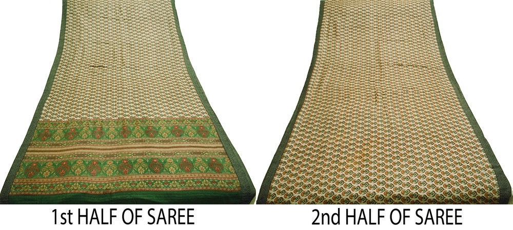 Vintage Green Heavy Saree Pure Woolen Woven Printed Indian Sari Soft Warm Fabric 5Yard Floral Woven Border