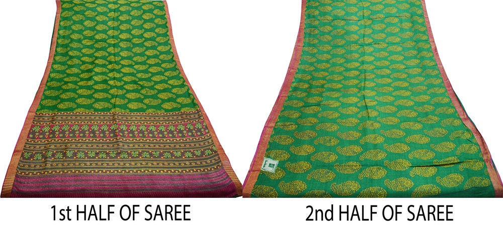 Vintage Green Heavy Saree Pure Woolen Woven Printed Indian Sari Soft Warm Fabric 5Yard Floral Woven Border