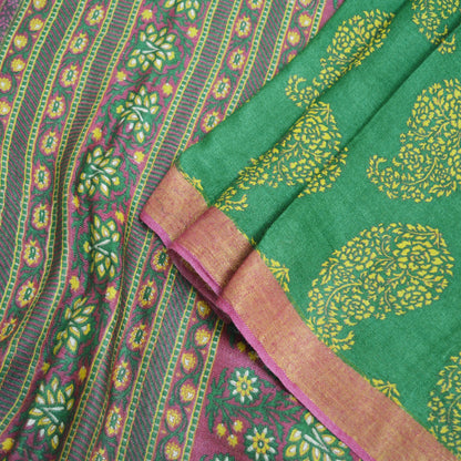 Vintage Green Heavy Saree Pure Woolen Woven Printed Indian Sari Soft Warm Fabric 5Yard Floral Woven Border