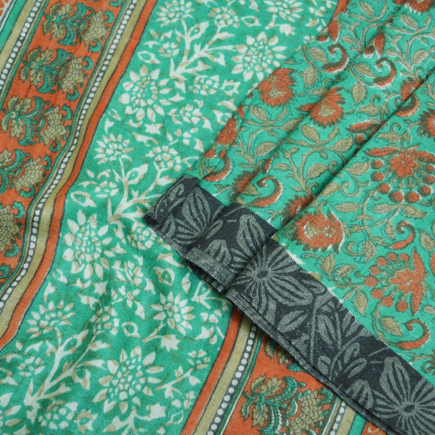 Vintage Green Heavy Saree Pure Woolen Woven Printed Indian Sari Soft Warm Fabric 5Yard Floral Woven Border