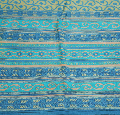 Vintage Blue & Beige Heavy Saree Pure Woolen Woven Printed Indian Sari Soft Warm Fabric 5Yard Floral Woven Border