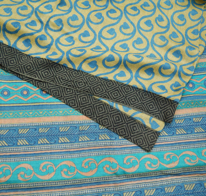 Vintage Blue & Beige Heavy Saree Pure Woolen Woven Printed Indian Sari Soft Warm Fabric 5Yard Floral Woven Border