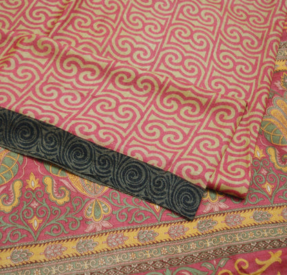 Vintage Pink & Beige Heavy Saree Pure Woolen Woven Printed Indian Sari Soft Warm Fabric 5Yard Floral Woven Border