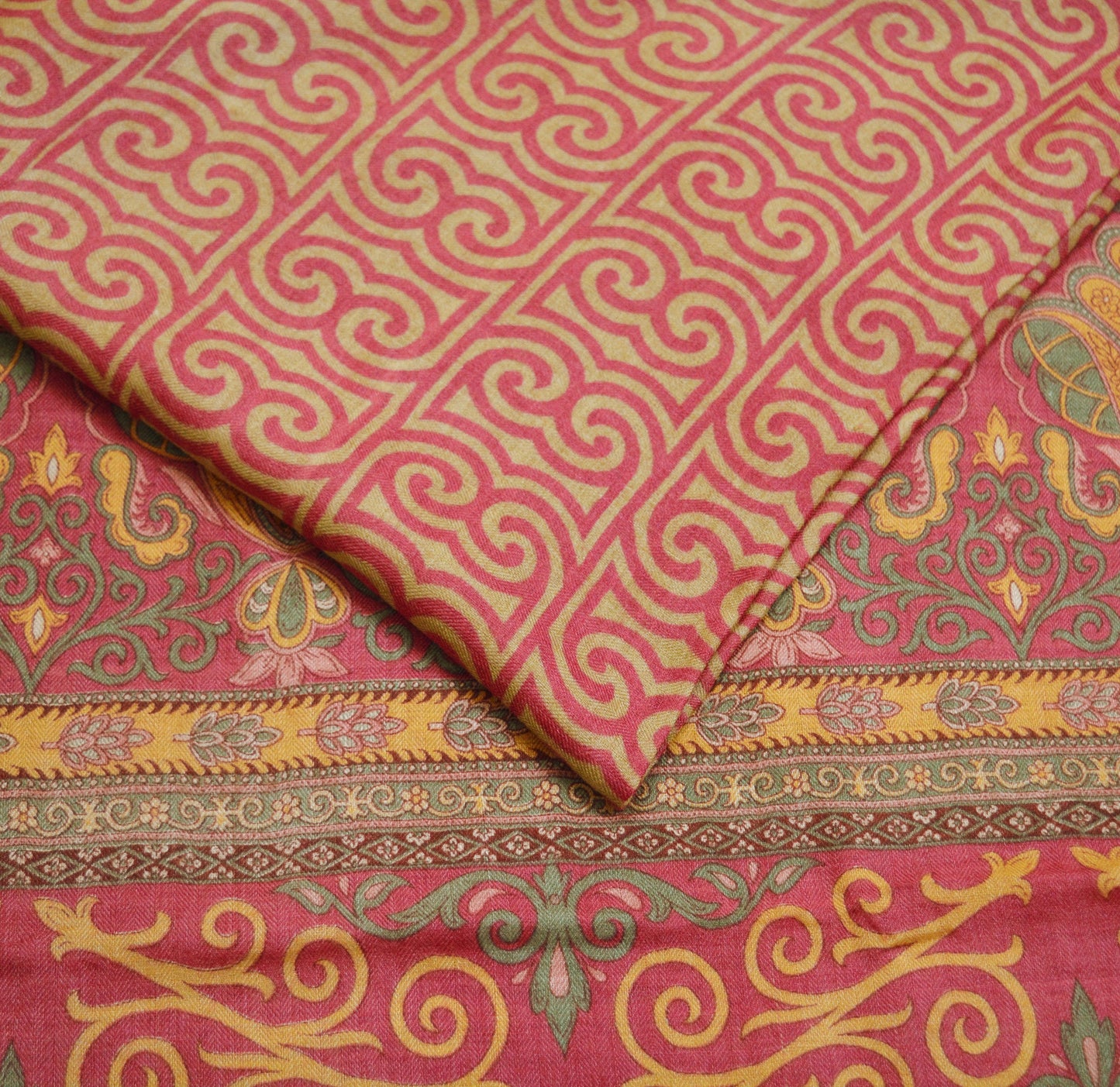 Vintage Pink & Beige Heavy Saree Pure Woolen Woven Printed Indian Sari Soft Warm Fabric 5Yard Floral Woven Border