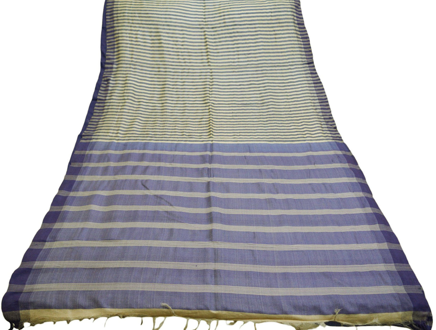 Vintage Beige & Blue Heavy Saree Pure Woolen Woven Printed Indian Sari Soft Warm Fabric 5Yard Zigzag Woven Border